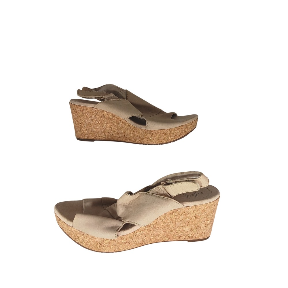 Clarks Collection Wedge Sandals 10 Beige Leather Cork Platform Slingback Comfort